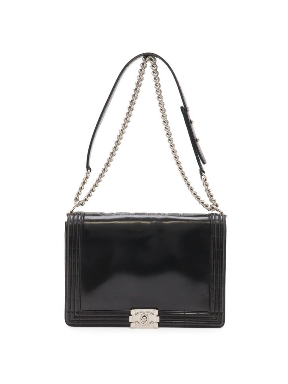 Chanel Boy Quilted CC Logo Shoulder Bag Chain Enamel Black Silver